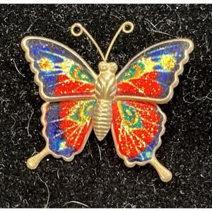 Vintage 1 1/2” Rainbow Glitter Monarch Butterfly Enamel Gold Tone Pin Brooch